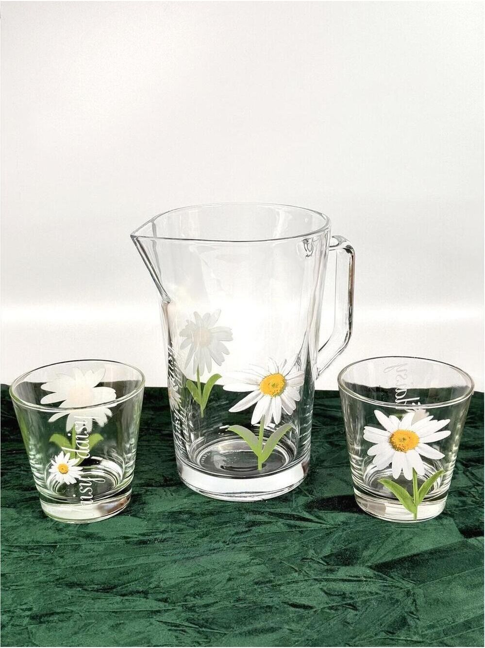 Set of Cerve Italy Daisy Glass Pitcher and 2 Tumblers Mid-Century Floral Pattern